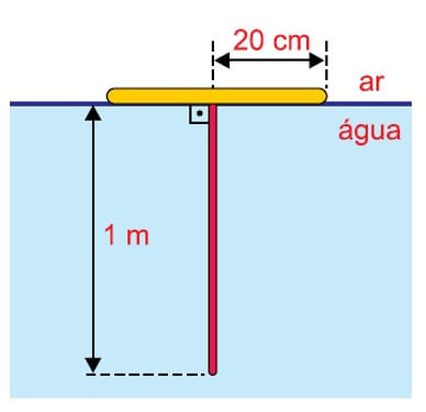 Dentro de uma piscina, um tubo retilíneo luminescente, com 1 m de comprimento, pende, verticalmente, a partir do centro de uma boia circular opaca, de 20 cm de raio. A boia flutua, em equilíbrio, na superfície da água da piscina