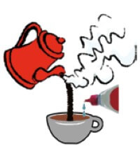 xícara de café, leite e adoçante.