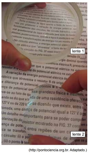 texto é visto através de duas lentes esféricas, 1 e 2. A imagem formada pela lente 1 aparece menor do que o próprio texto e a imagem formada pela lente 2 aparece maior