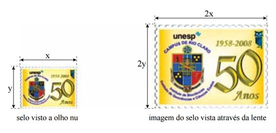 lente esférica convergente funcionando como lupa. Com ela, consegue obter uma imagem nítida e direita do selo