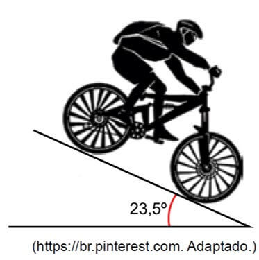Ao descer uma ladeira plana e inclinada 23,5º em relação à horizontal, um ciclista mantém sua velocidade constante acionando os freios da bicicleta.